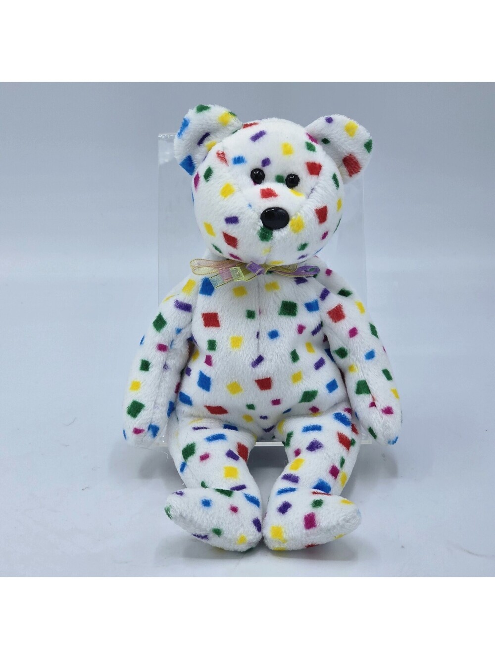 TY 2K Beanie Baby Bear Beanie 9" Plush White Square Print Colorful Vintage '99